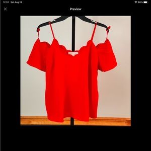 Monteau scalloped cold shoulder blouse. Color Red, Size M